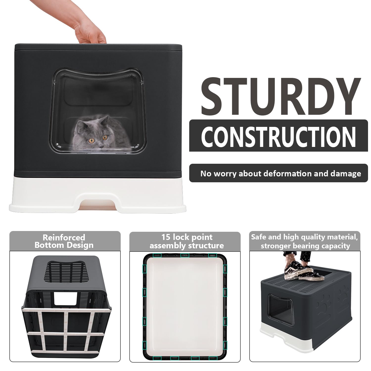 Foldable Cat Litter Box With Lid, Jumbo Enclosed Cat Potty, Top Entry Anti-Splashing Cat Toilet, Easy To Clean Including Cat Litter Scoop And 2-1 Cleaning Brush (Black) Extra Large