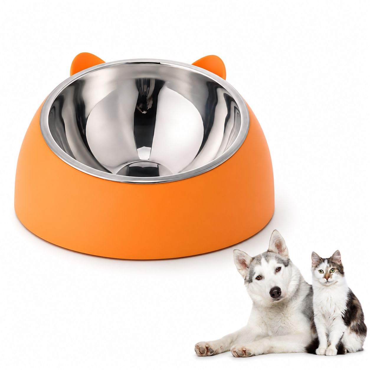 Petkartel Ear Shaped Stainless Steel Pet Bowl | Plastic Base Feeding Dish Cats Dogs Puppies | Steady Wide Mouth Detachable Inser