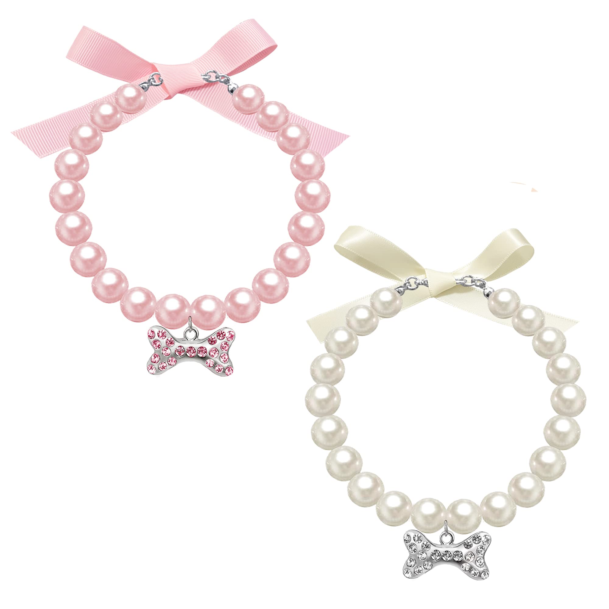 Casidoxi 2 Pcs Dog Cat Pearl Collar Necklace With Rhinestone Bone, Fancy Cat Wedding Collar Jewelry For Girl Cat Puppy Dogs Accessories(Pink+White)