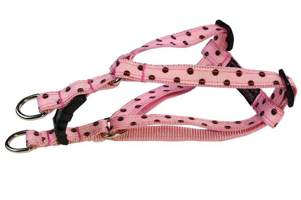 XSmall Pink/Brown Polka Dot Dog Harness: 1/2 Wide, Adjusts 8-16 - Made in USA.