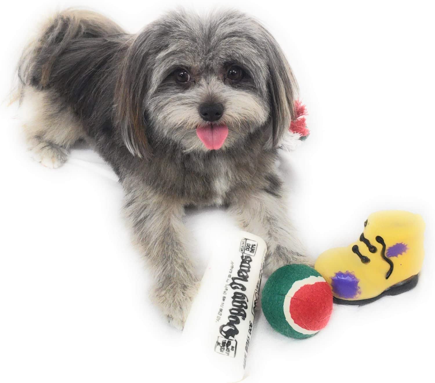 Christmas Stocking For Dogs. Squeaky Newspaper / Boot Toy, A Red, Green And White Tennis Ball And A Red, White And Green Cotton Knotted Rope.