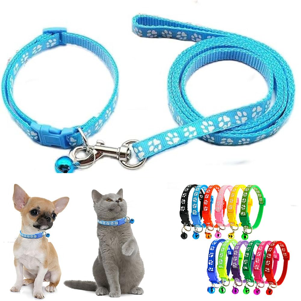 Sky Blue Puppy Collar With Bell Leash Set, Nylon Basic Reflective Girl Dog Collar Paw Print For Xxs Xs Small Cat Pet Animal Litt