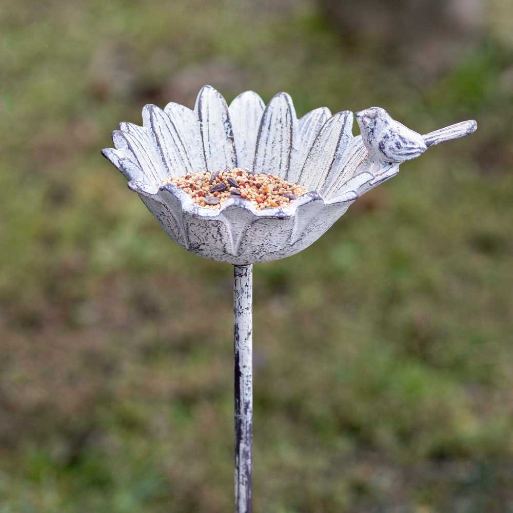 Distressed Antique White Cast Iron White Daisy Bird Feeder Garden Stake