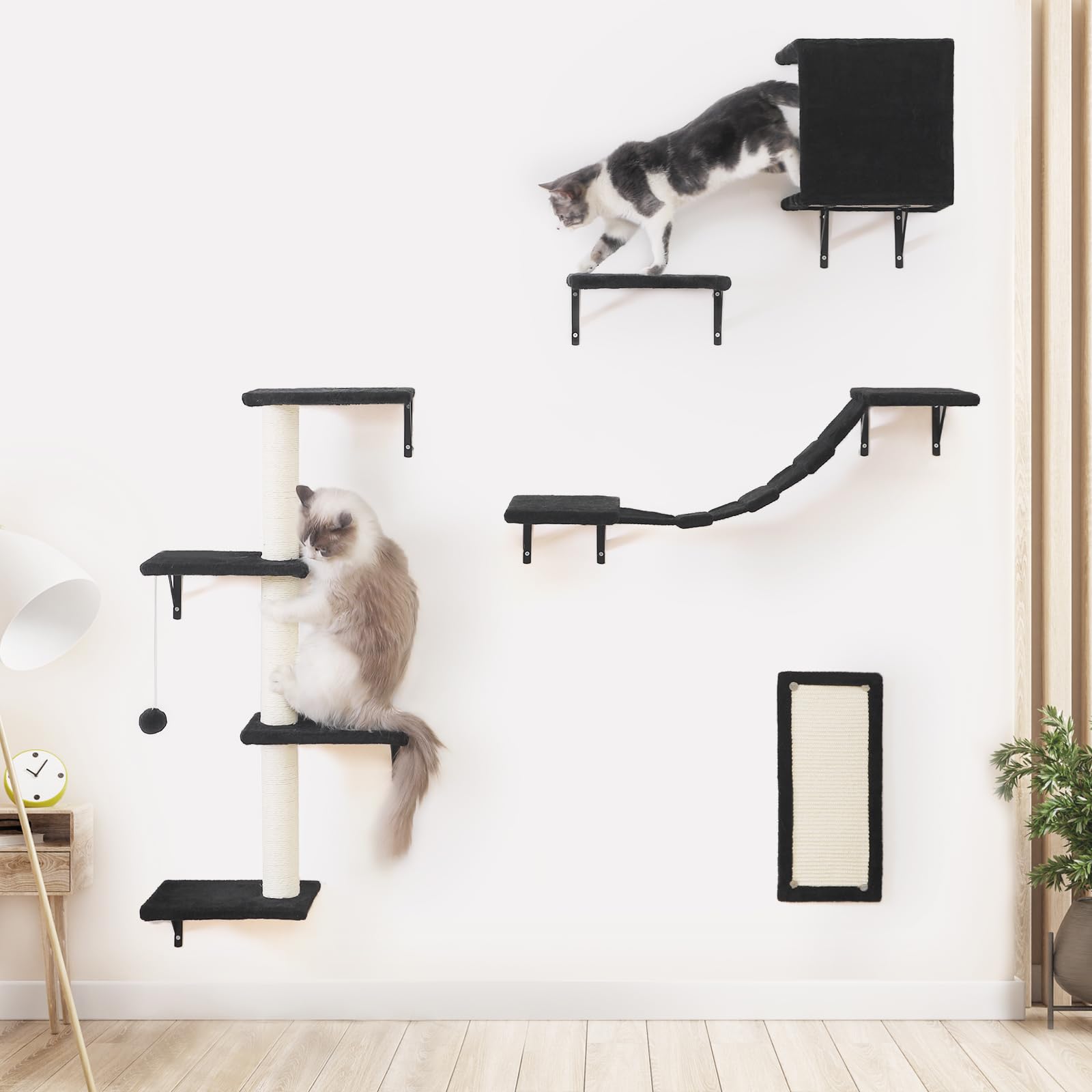 Modern Wall-Mounted Cat Furniture - 5Pcs Cat Wall Shelves, Wooden Climber Includes House, Bridge, Tree, Steps, And Scratcher (Bl
