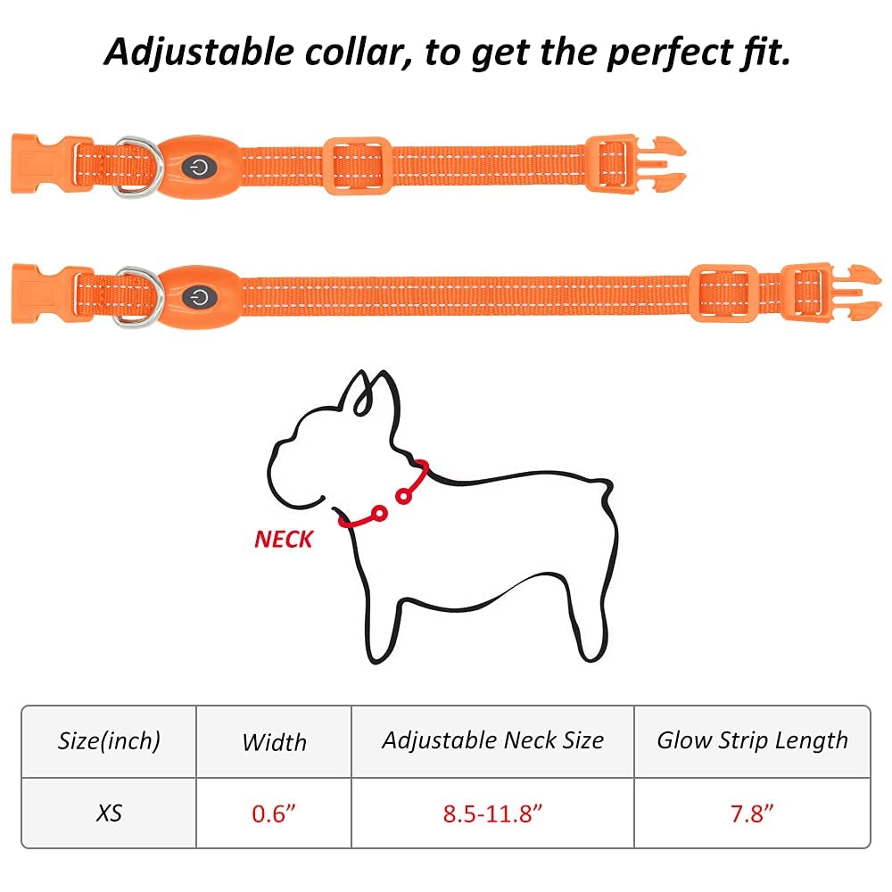 Illumifun Small Led Dog Collar, Usb Rechargeable Glowing Safety Collar, Adjustable Nylon Webbing Light Up Collars For Your Puppy (Orange, X-Small)