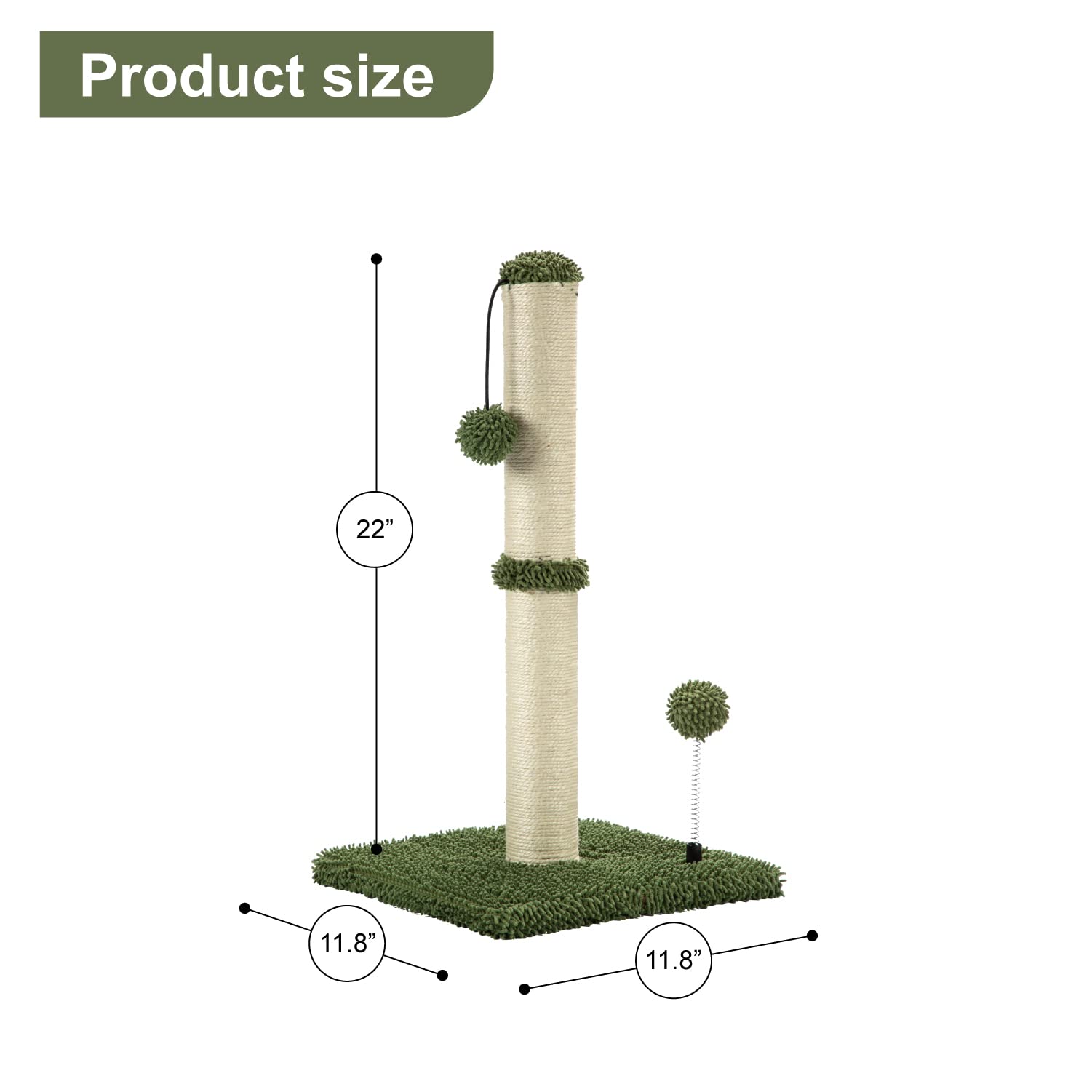 Mecool Cat Scratching Post Premium Basics Kitten Scratcher Sisal Scratch Posts With Hanging Ball 22In For Kittens Or Smaller Cats (22 Inches For Kitten, Cactus Green)