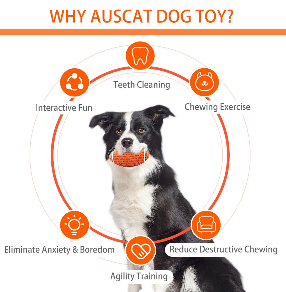 Auscat Squeaky Dog Football Toy For Aggressive Chewers, Tough Rubber Dog Ball For Medium Large Dogs, Green, Large, 5.5