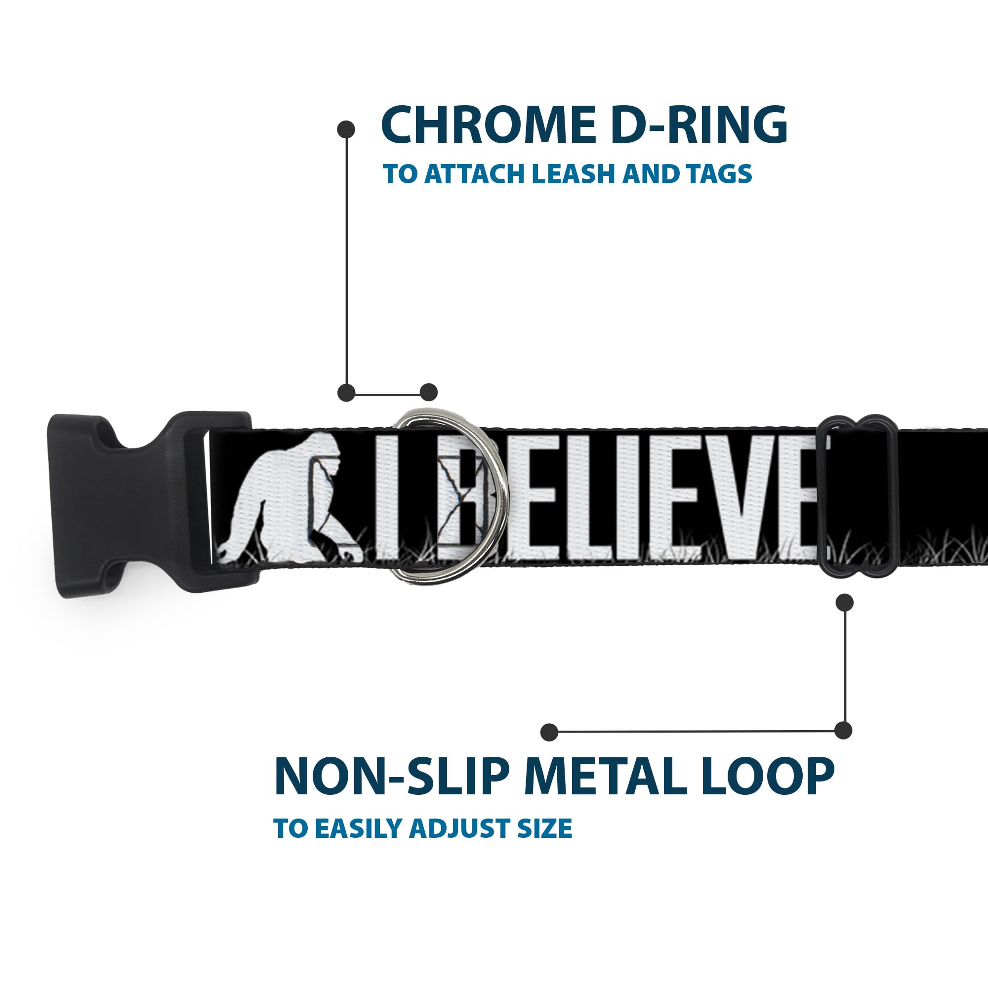 Buckle-Down 6-9'' Bigfoot Silhouette I Believe Black/Gray/White Plastic Clip Collar, Narrow Small