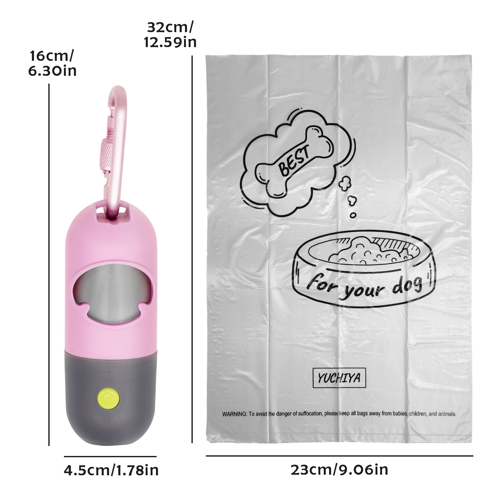 Yuchiya Dog Poop Bag Dispenser With Flashlight|Dog Poop Bag Holder With Leash Clip|Hands-Free Leash Poop Bag Holder With Straps And 1 Roll Dog Waste Bags (Pink)