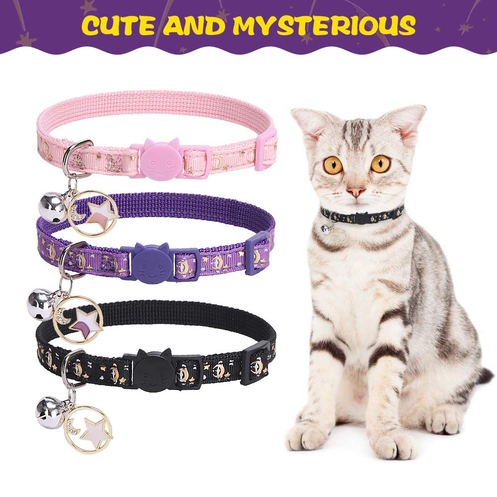 Pupteck 3 Pack Cat Collar With Bells Breakaway - Luminous Safety Small Kitten Collar Adjustable Moon Star Pink Black Purple, 8-1