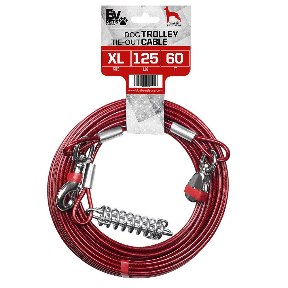 Bv Dog Trolley Cable, Dog Trolley System, Camping For Dogs - Up To 125 Lbs | Dog Runner Outside, Dog Cable For Yard Heavy Duty | Dog Cable 60 Ft | Outdoor Camping Zipline (125Lbs/ 60Ft/ Trolley)