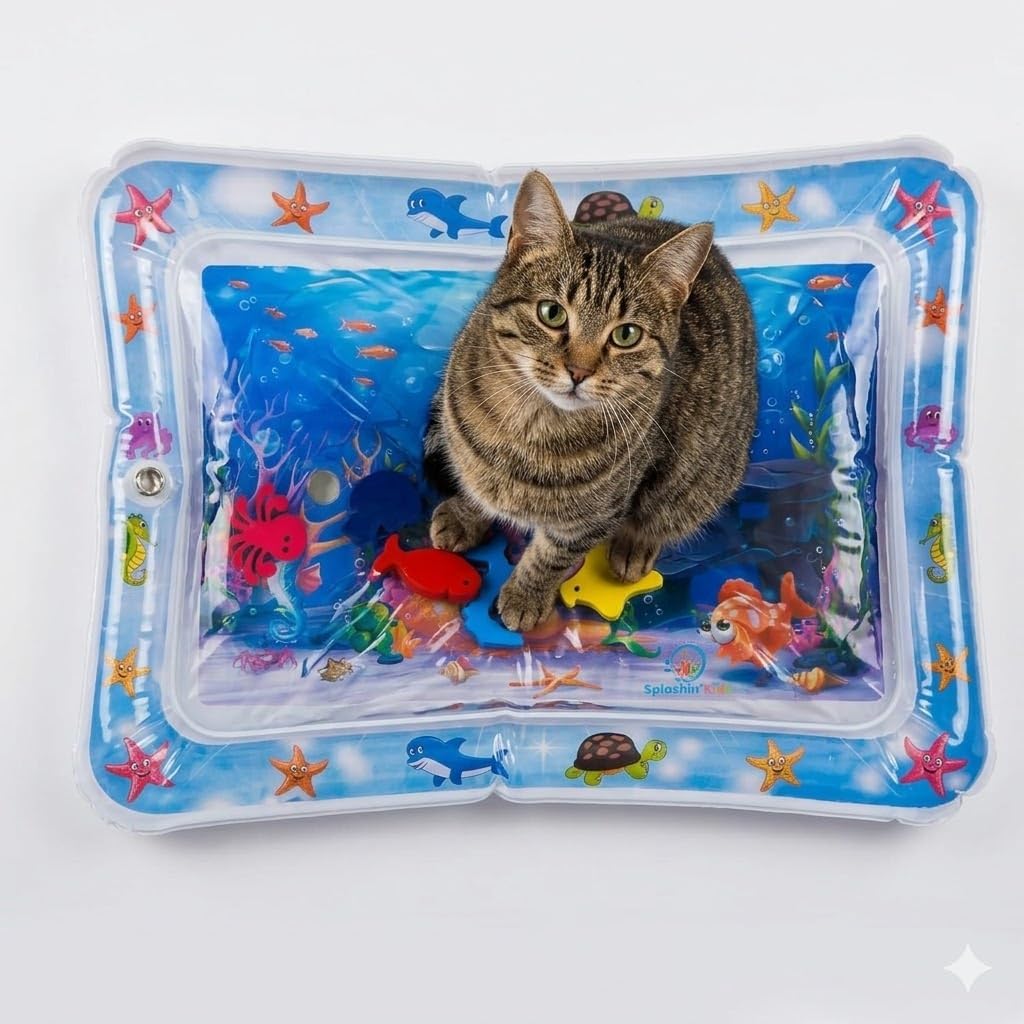 Interactive Water Mat For Cats & Dogs, Portable Pet Playmat, Cute Cartoon Design, NonSlip Cooling Pad, Fun & Engaging Toy For K