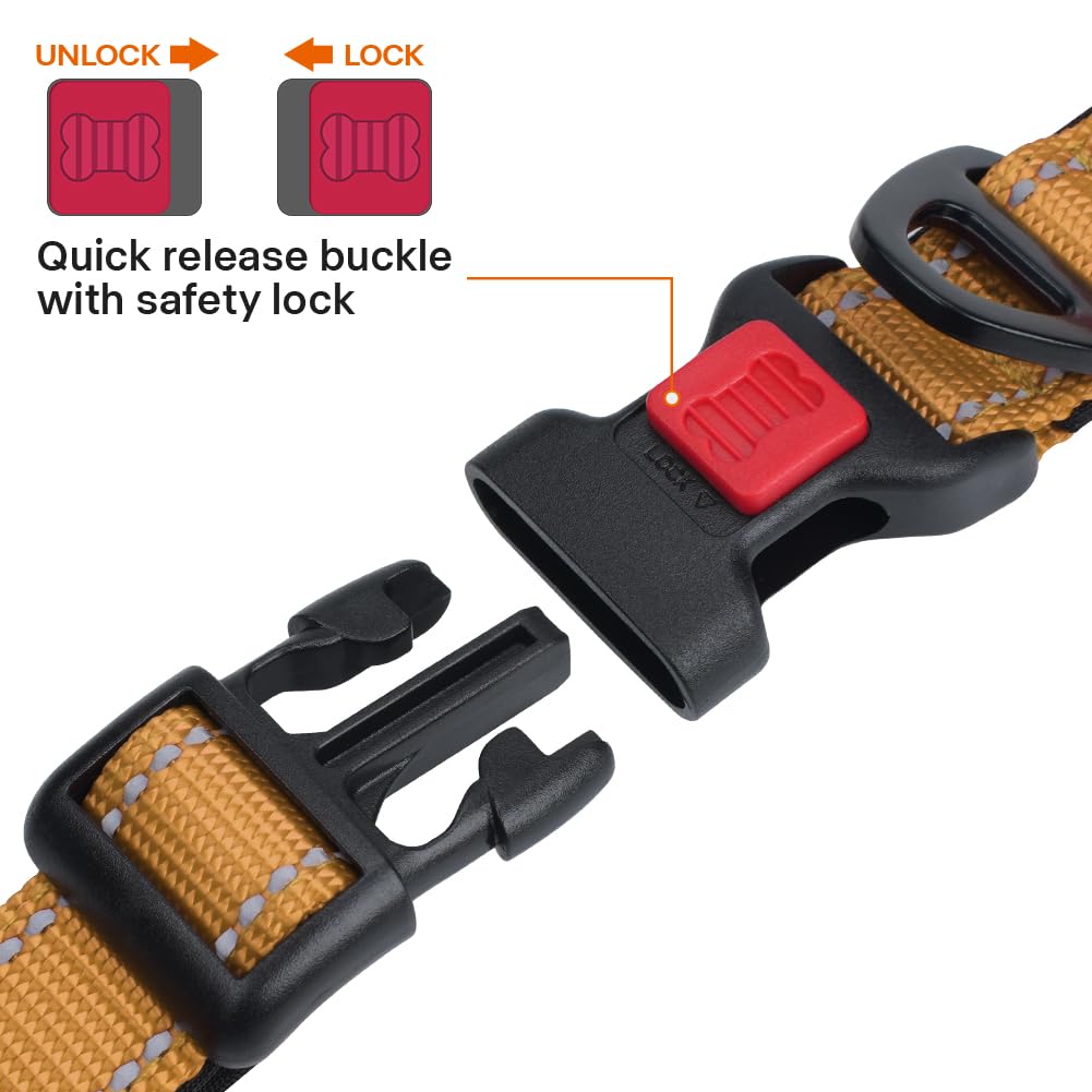 Taglory Reflective Dog Collar With Safety Locking Buckle, Adjustable Nylon Pet Collars For Large Dogs Female Male, Tan, L