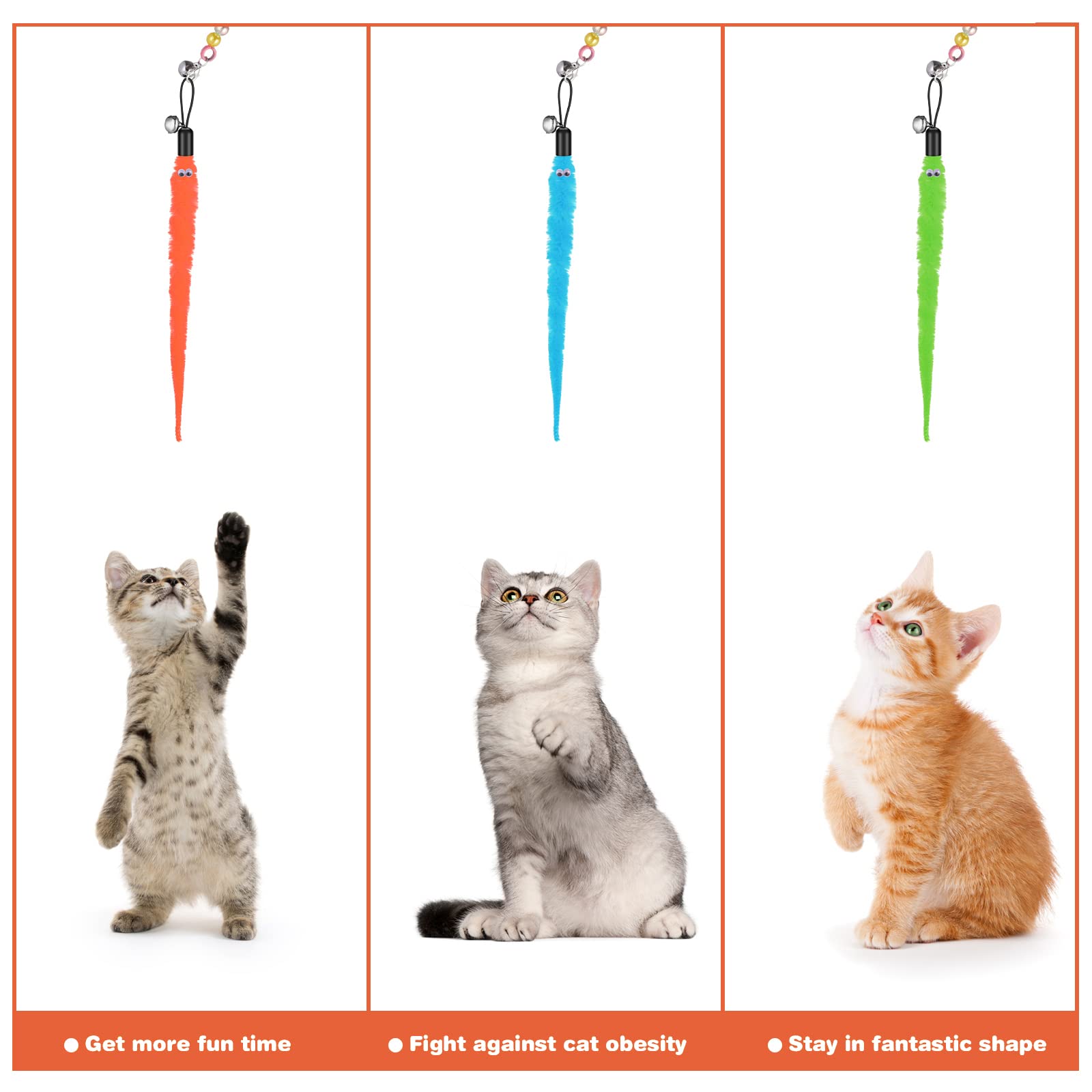 Cobee Cat Toys Wand Replacement, 6Pcs Furry Tail Worms With Bells + Cat Fishing Pole Toy, Cat Wand Toy Replacement Refills, Assorted Teaser Refills With Bell For Cat Kitten