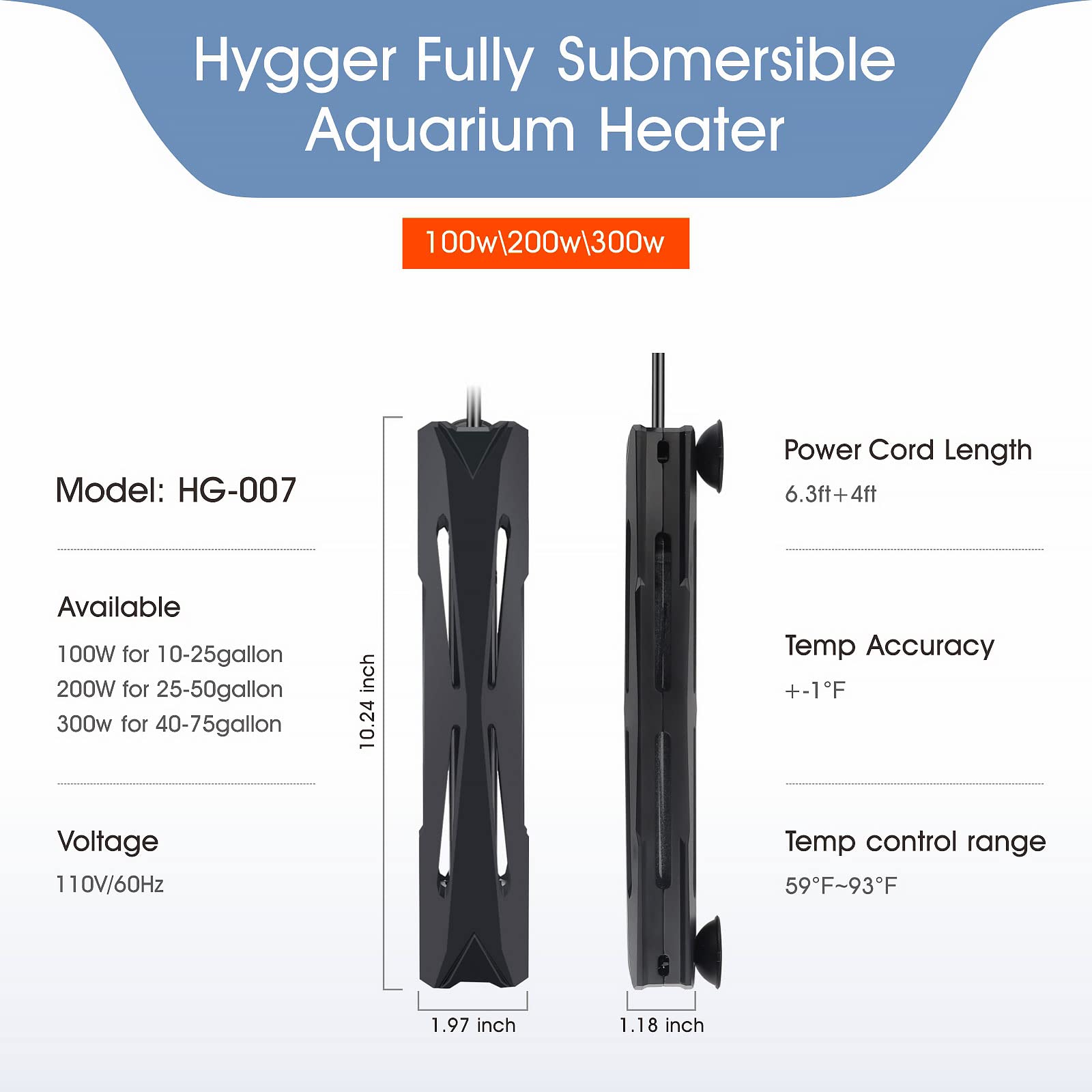 Hygger 25-50 Gallon Small Aquarium Heater With Led Display Controller, Quartz Submersible Fish Tank Heater 200 W Saltwater Freshwater
