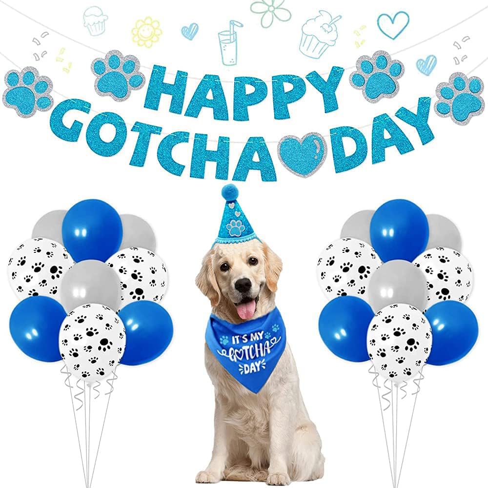 Sinfun Happy Gotcha Day Dog Bandana- Dog Birthday Party Supplies Boy Girl Gotcha Day Triangle Scarf With Hat Banners Balloons It