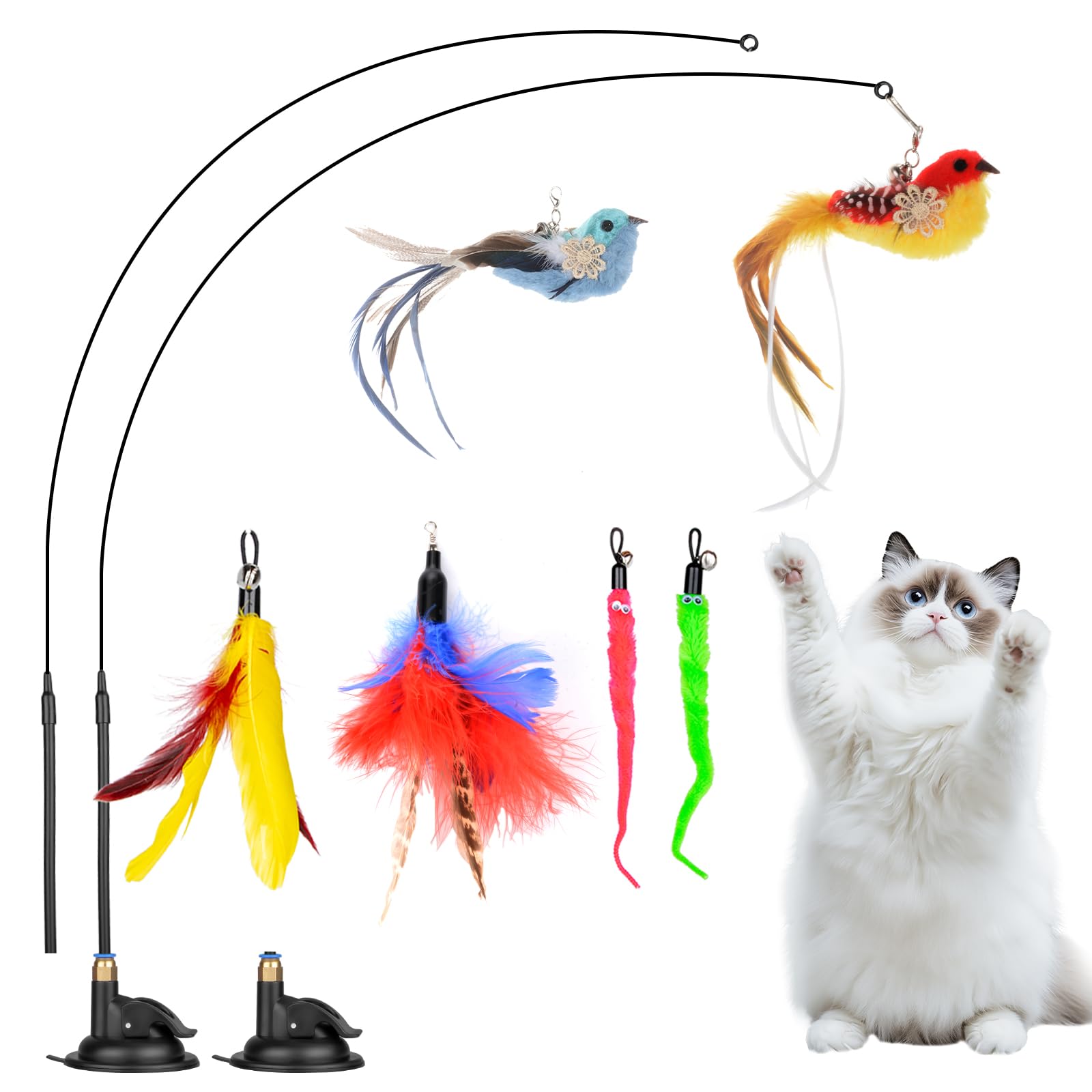 Cat Feather Toys, 10Pcs Cat Toys With Detachable 2Pcs Suction Cup, 6Pcs Replacement Teaser Refills With Bell, Interactive Cat To