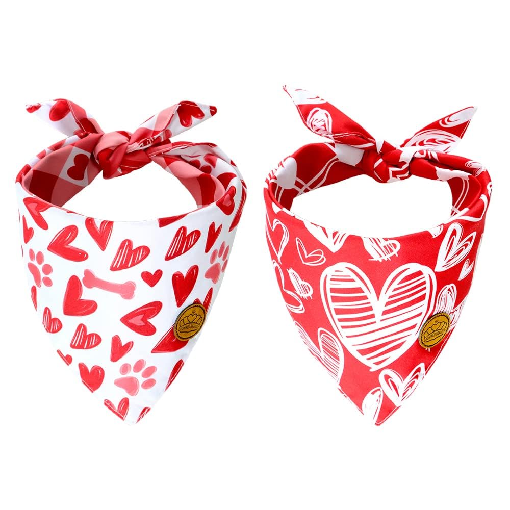 Crowned Beauty Valentines Day Dog Bandanas Large 2 Pack,Red Heart Adjustable Triangle Holiday Plaid Reversible Scarves For Mediu
