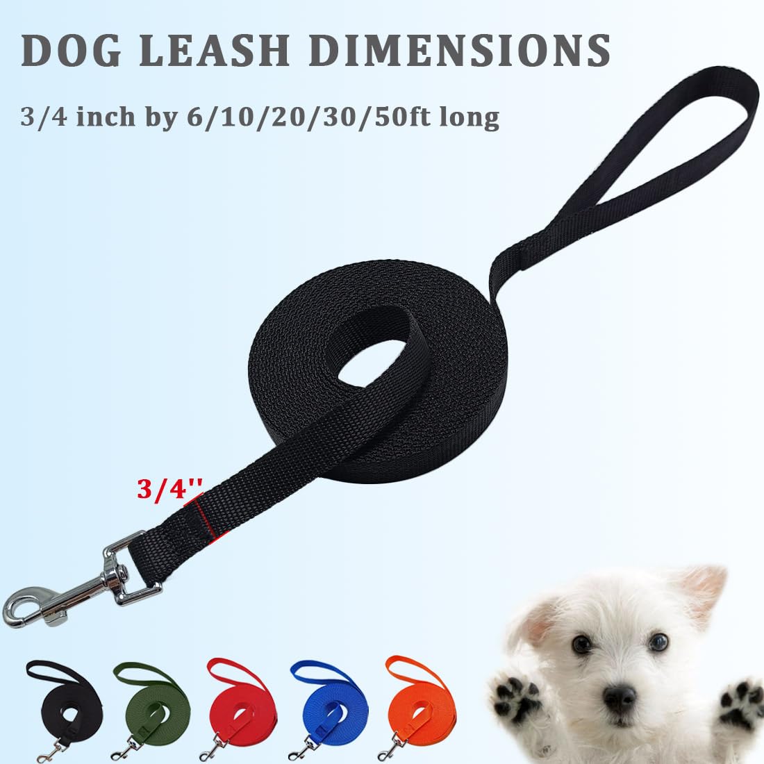 Wyuze 2 Pack Flat Nylon Dog Leash, 6/10/20/30/50 Ft Long Recall Training Lead, 3/4 Inch Wide Traditional Dog Leash For Small Med