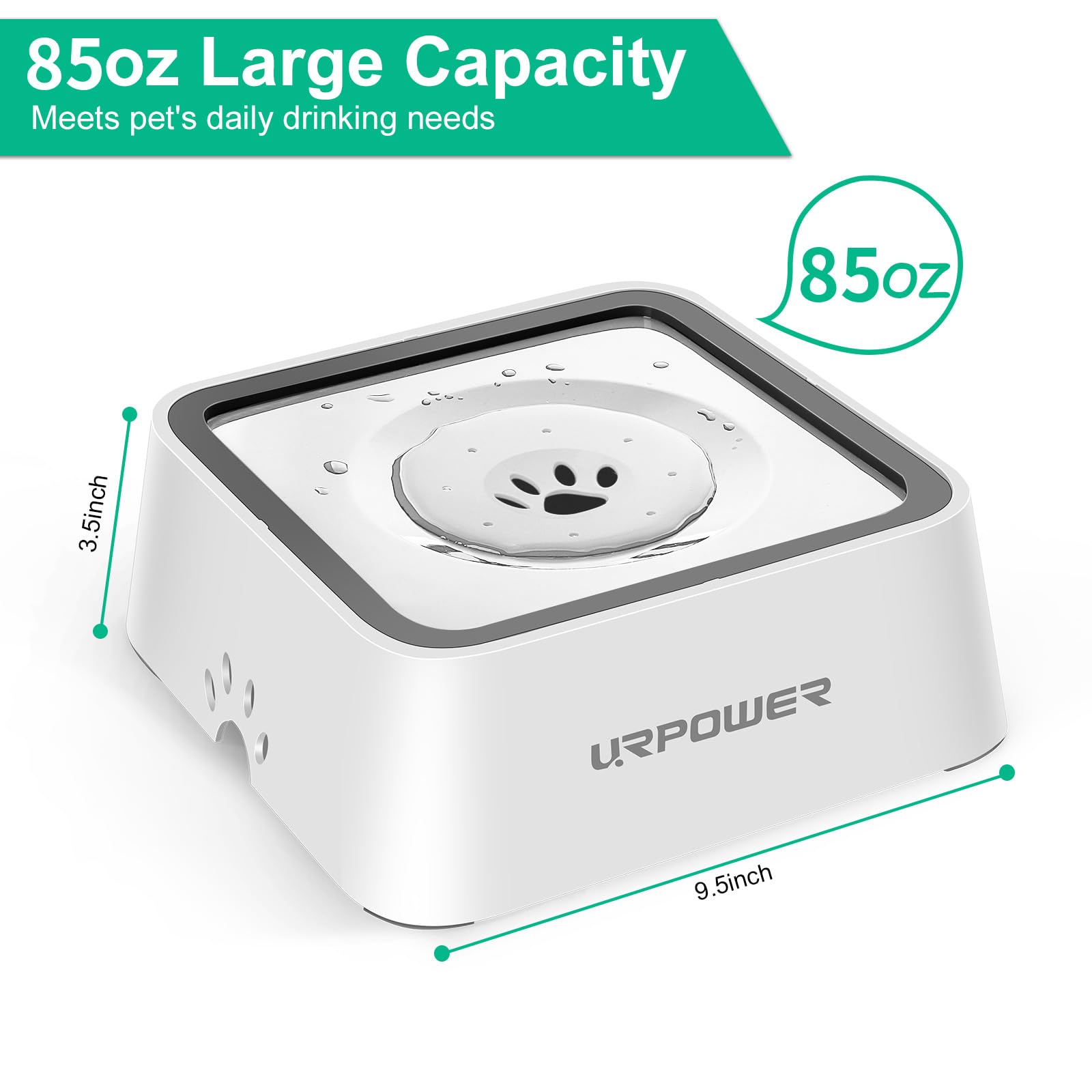 Urpower 2.5L Dog Water Bowl 85Oz Large Capacity Dog Bowls No Spill Pet Water Dispenser For Messy Drinkers Splash Proof Slow Feed