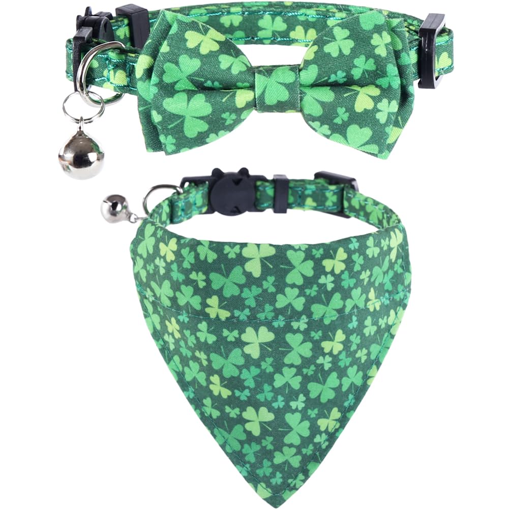 St. Patrick'S Day Cat Collar Breakaway With Bow Tie Bandana And Bell Holiday For Kitty Adjustable Safety