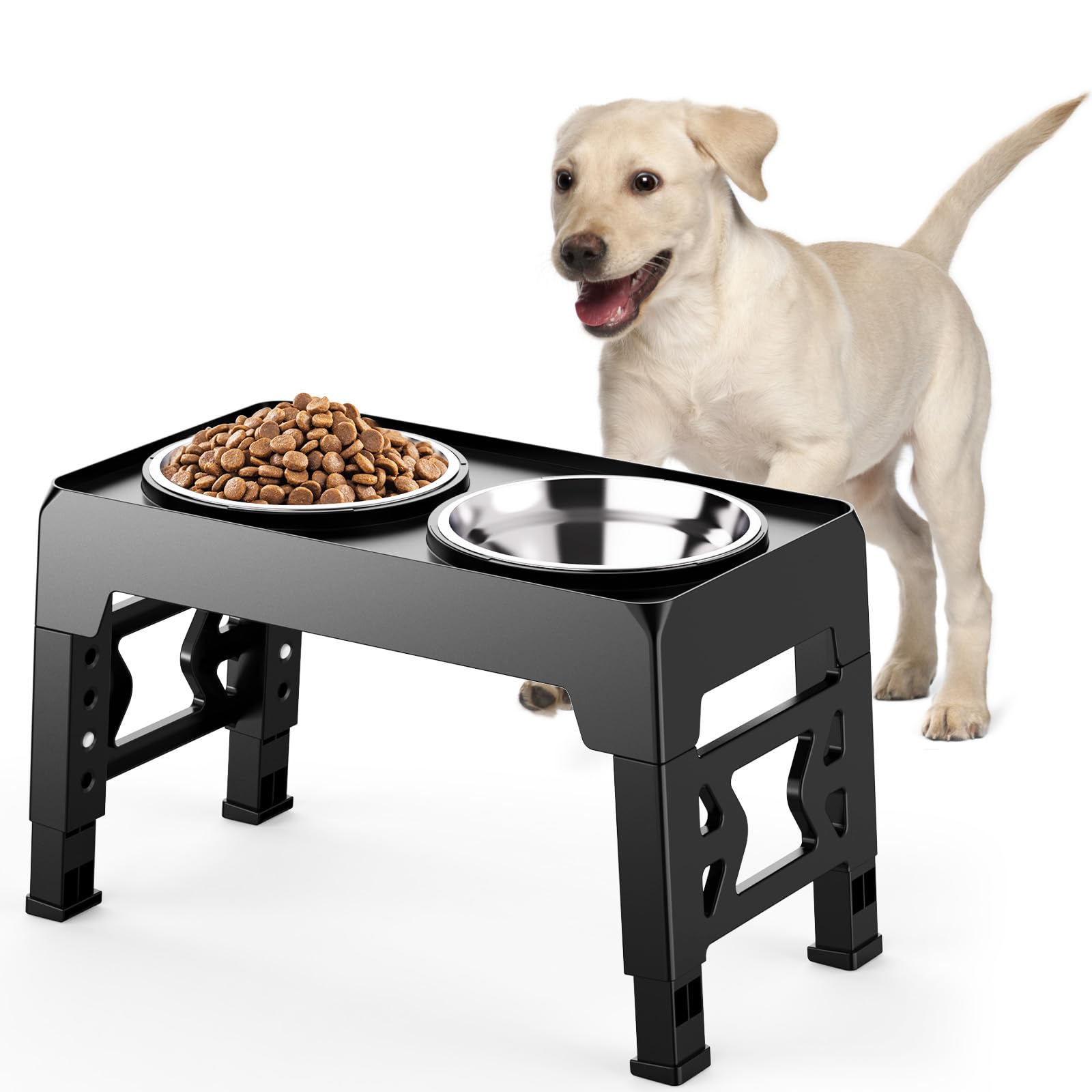 Elevated Dog Bowls Stand Adjustable 5 Heights, 45Cm Foldable Dog Feeding Station With 2 Stainless Steel Bowls, Pet Bowl Elevated