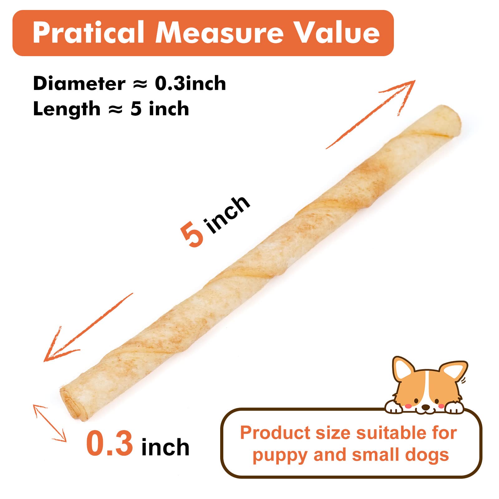 MON2SUN Dog Rawhide Twist Sticks Chicken Flavor 5 Inch Thin Sticks Rawhide Chews Dog Treats for Puppy and Small Dogs 60 Count