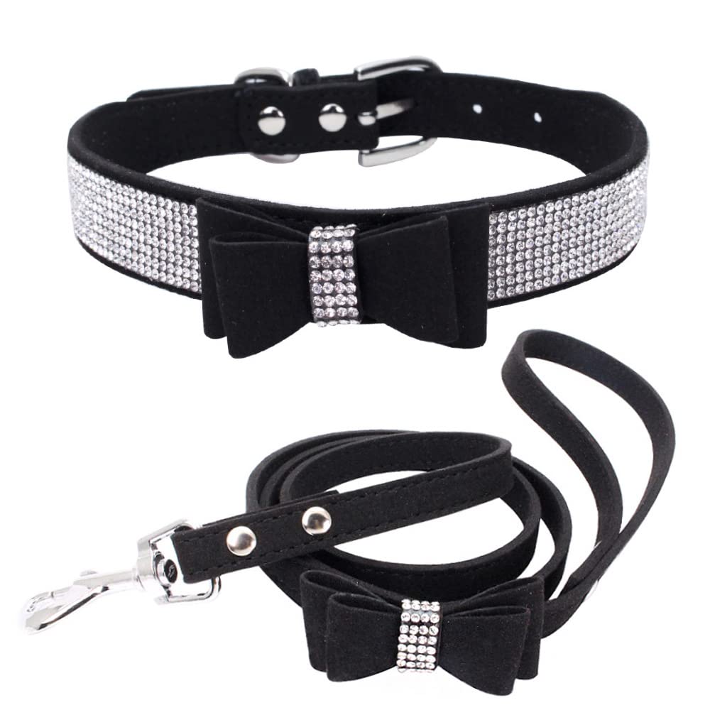 Bow Tie Dog Collar And Leash Set, Bling Rhinestone Puppy Collars Bowtie Crystal Diamond For Xxs Xs Small Medium Large Dogs Pet Boy Kitten Girl Cat, Black Xxsmall