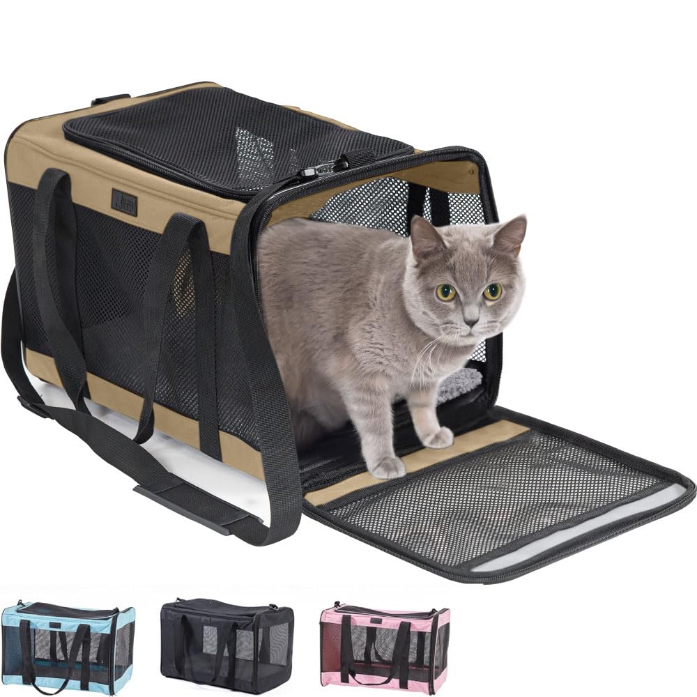 Gorilla Grip Airline Travel Cat Carrier Bag Up To 15 Lbs, Breathable Mesh Collapsible Pet Carriers For Small, Medium Cats, Small Dogs, Puppies, Portable Kennel With Soft Washable Waterproof Pad, Beige