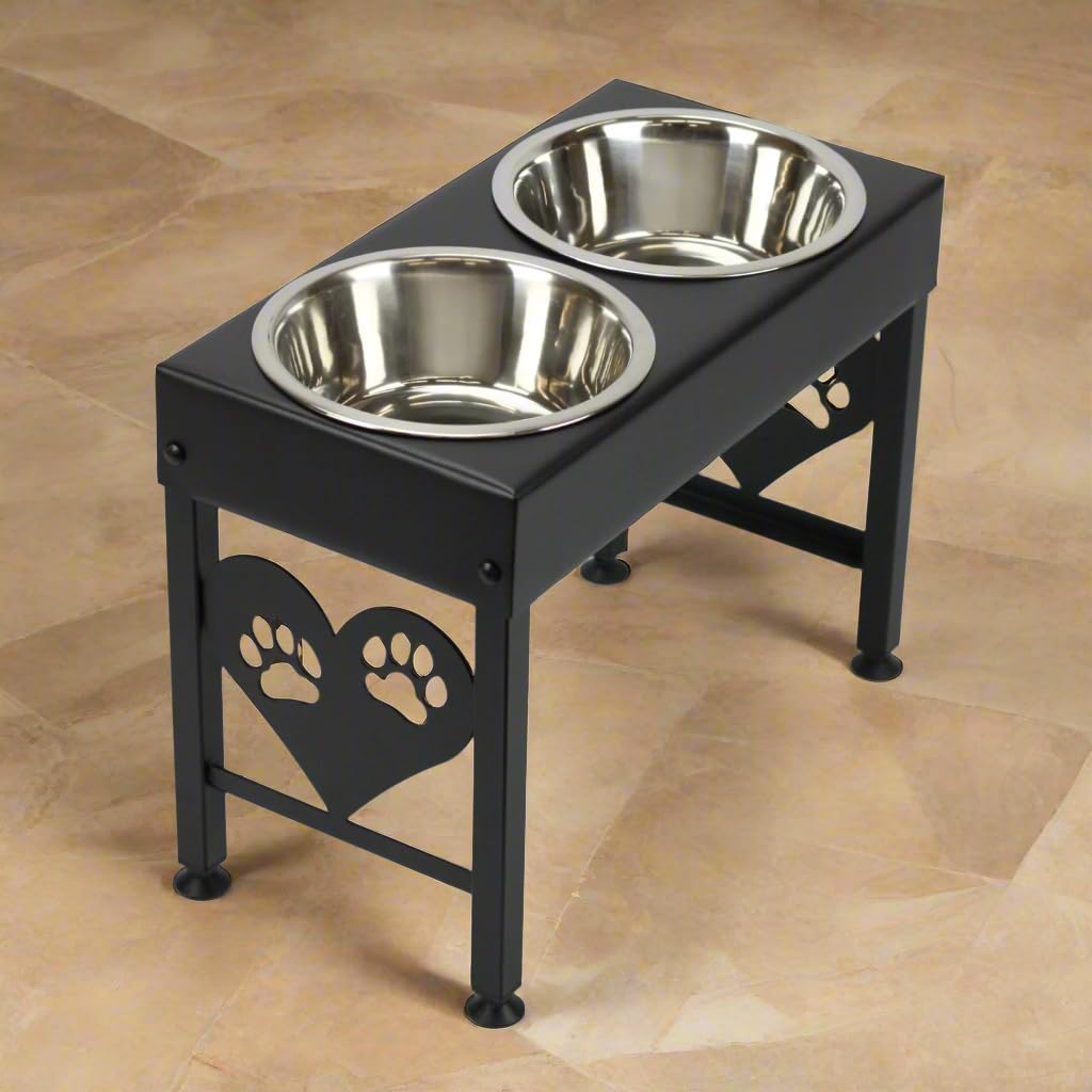 Elevated Dog Bowls Raised Steel Pawprint Feeder Stand Large Breed 16 Inch Tall Double Three Quart