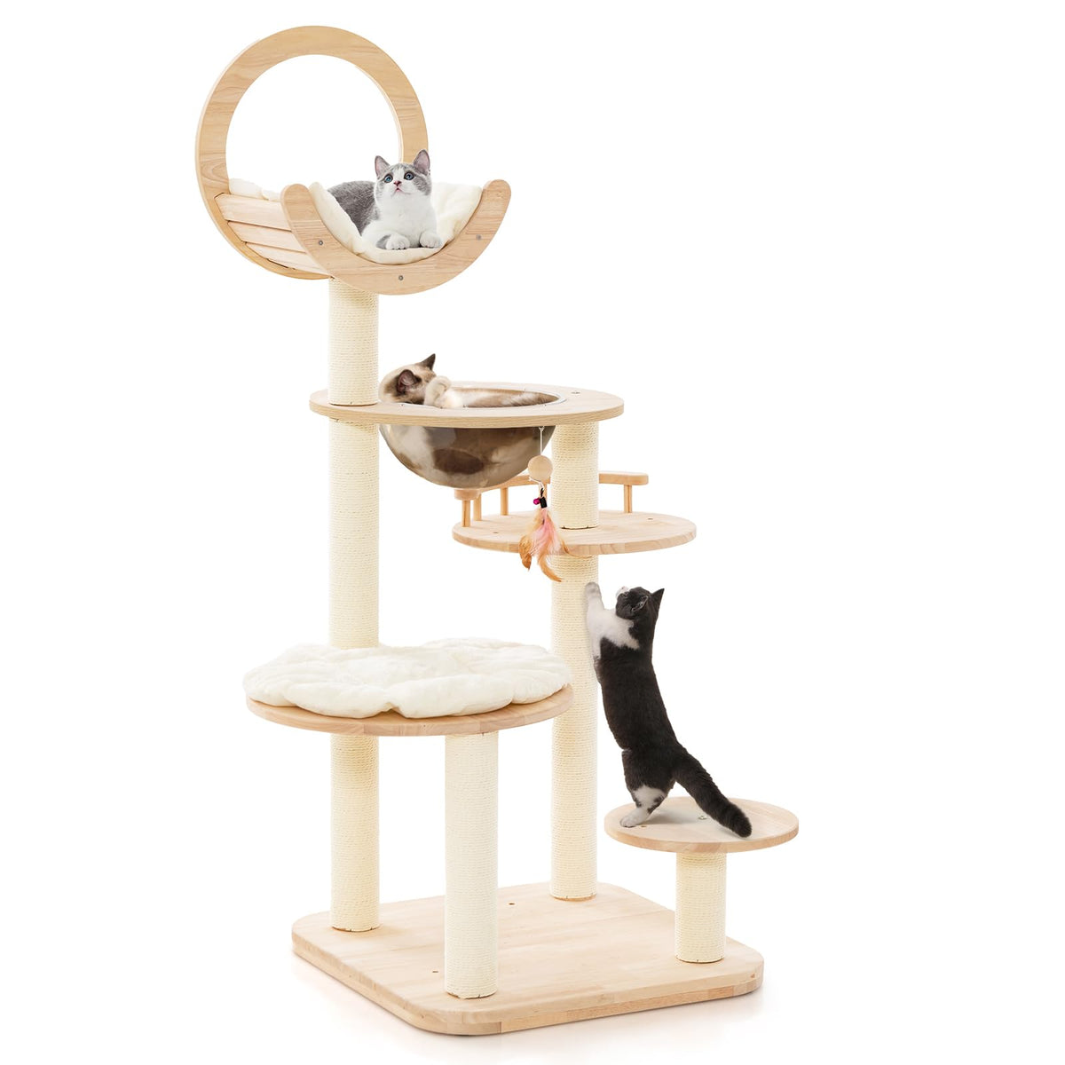 Petsite 57 Inches Tall Wooden Cat Tree, Multi-Level Cat Tower With Scratching Posts, Space Capsule Bed, Padded Platform And Hang