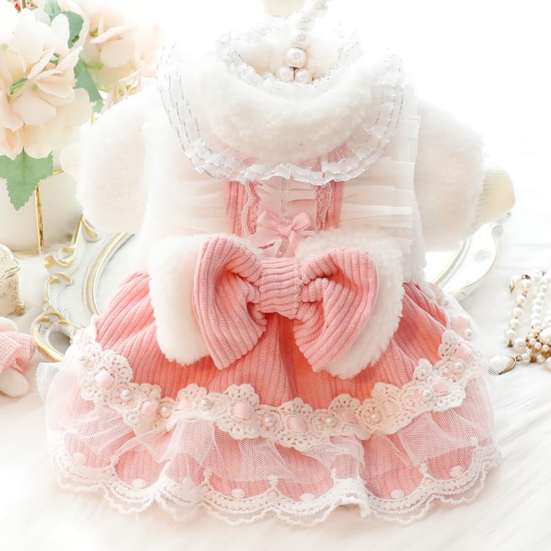 Aza Dog Princess Dresses For Small Dogs Lolita Clothes Lace Costume Bow Pet Girl Cute Coat Outfits Sunmmer Costumes (L,Pink)