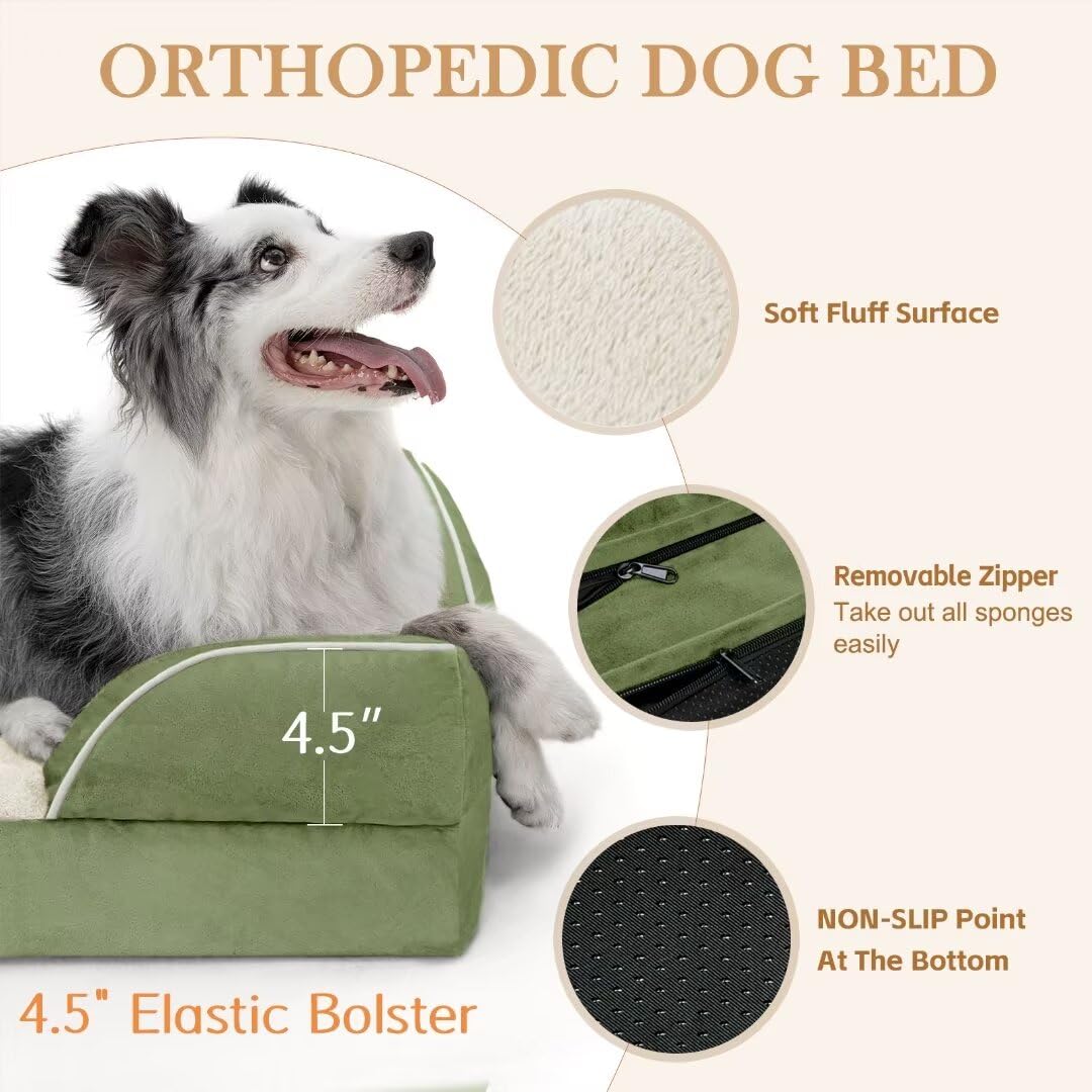 Comfort Expression Waterproof Dog Beds For Large Dogs, Orthopedic Large Breed Dog Beds, Comfy Pet Bed Sofa With Washable Removable Cover & Non-Slip Bottom(Large,Light Green)