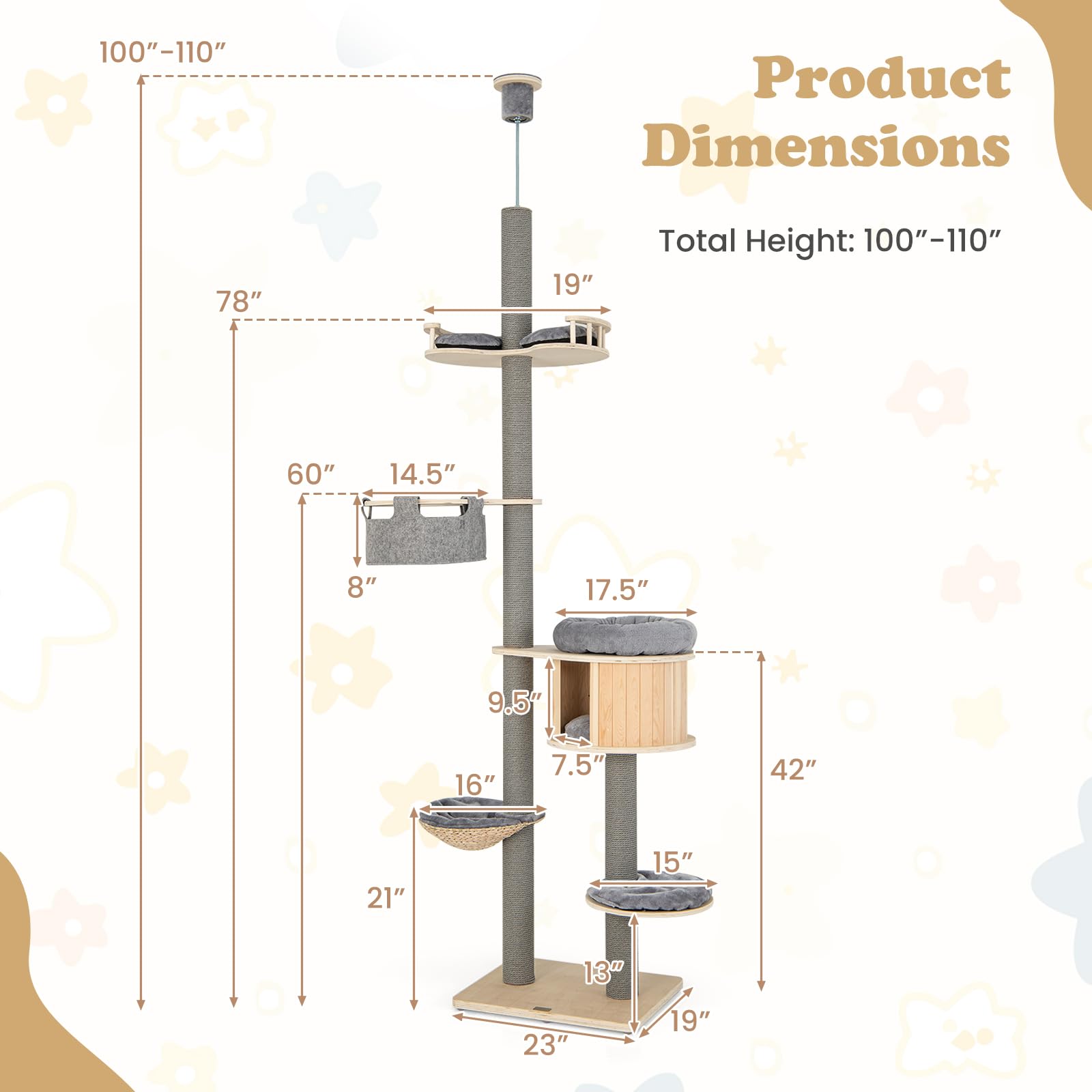 Tangkula Floor To Ceiling Cat Tree, 5 Tier Tall Cat Tower With Adjustable Height (100-110 Inch) For Large Cats, Wood Cat Climbin