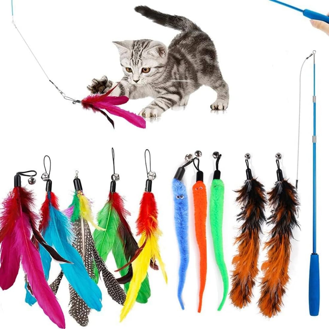 Mumoo Bear 11 Pcs Cat Feather Toys, Interactive Kitten Toys For Indoor Cat Kitten,1 Retractable Cat Teaser Wand With 10 Feather 