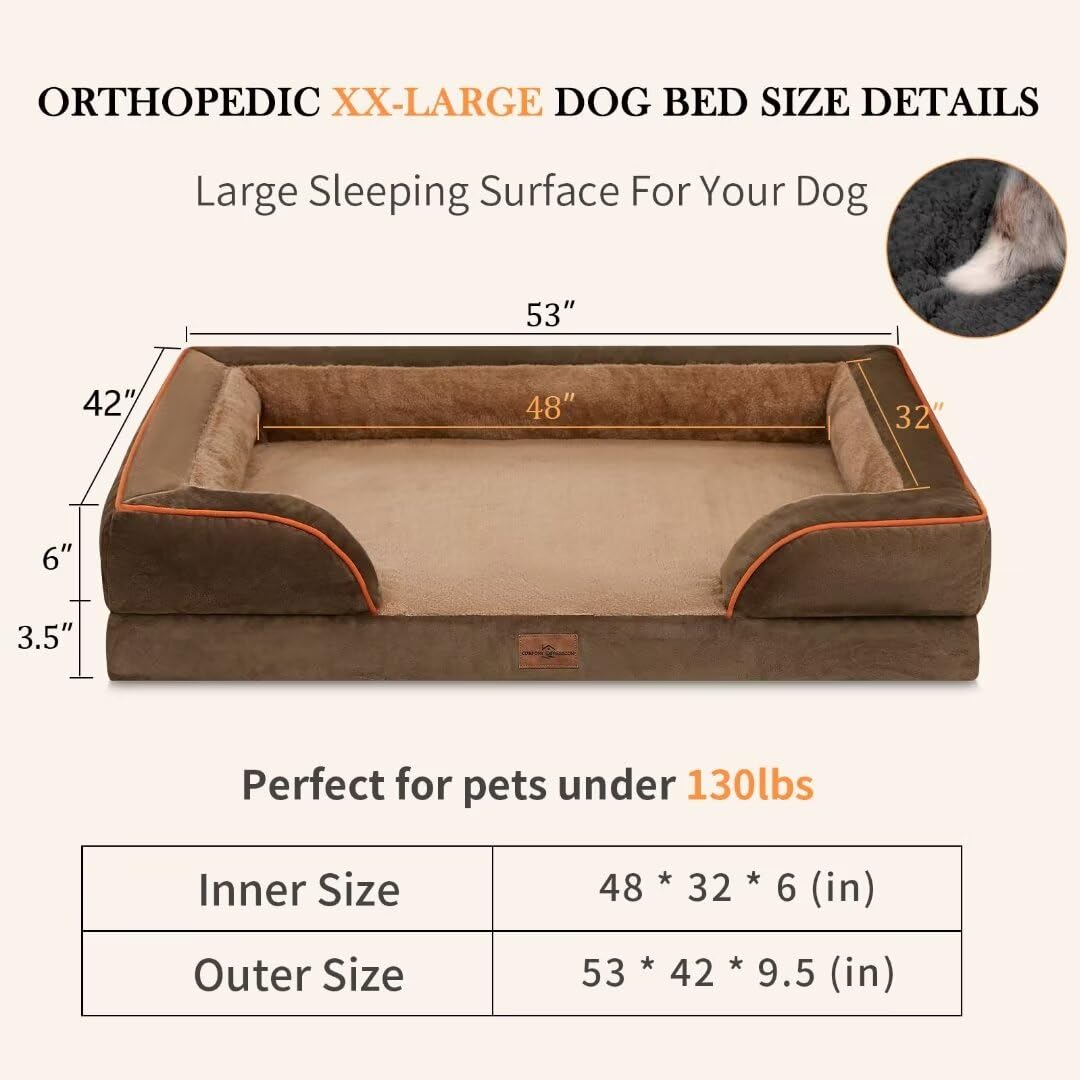 Comfort Expression Cooling Dog Bed Memory Foam, Orthopedic Dog Bed For Giant Dogs, Xxl Dog Bed For Extra Large Dogs, Waterproof Dog Bed With Bolster & Removable Cover(Xx-Large,Khaki Brown)