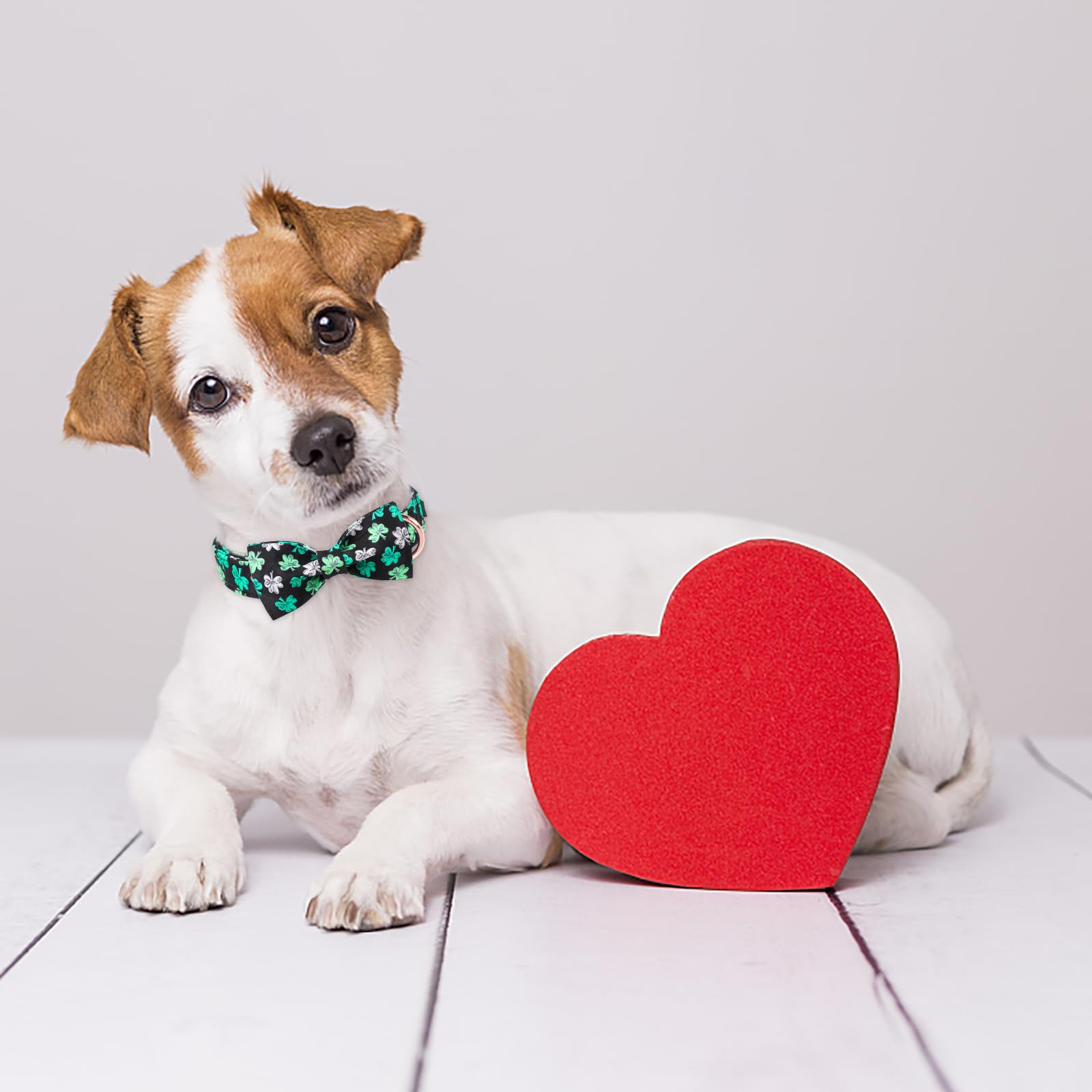 Mr. Chubbyface St.Patrick'S Clover Dog Collar With Bowtie, White Green Clovers Shamrock Dog Collar With Metal Buckle, Soft Adjus