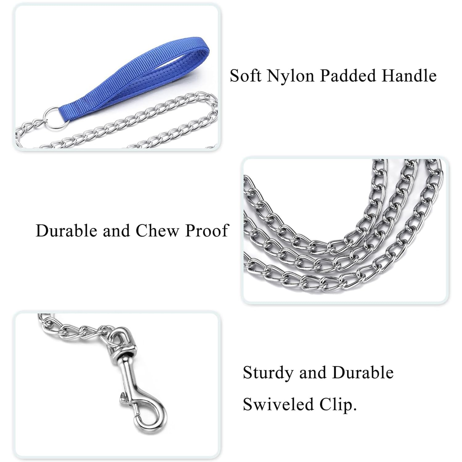 Petiry Chain Leash Metal Trainning Leash Stainless Steel With Soft Padded Handle For Heavy Duty Dogs.(Xl, Blue Handle)