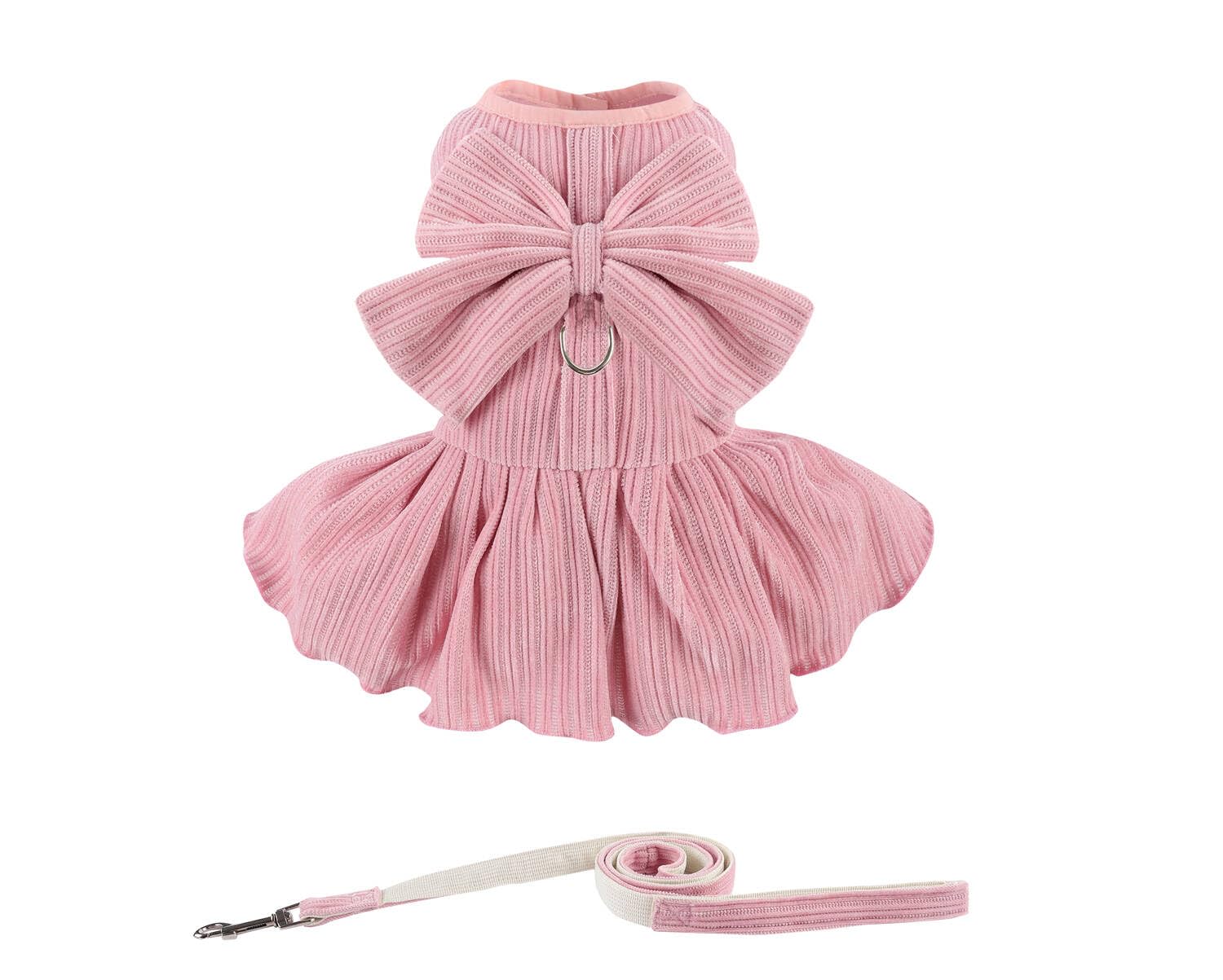 Dog Striped Dress,Pet Girl Bow Costume With Ring And Harness Leash,Dog Wedding Birthday Party Dress(Pink,X-Small)