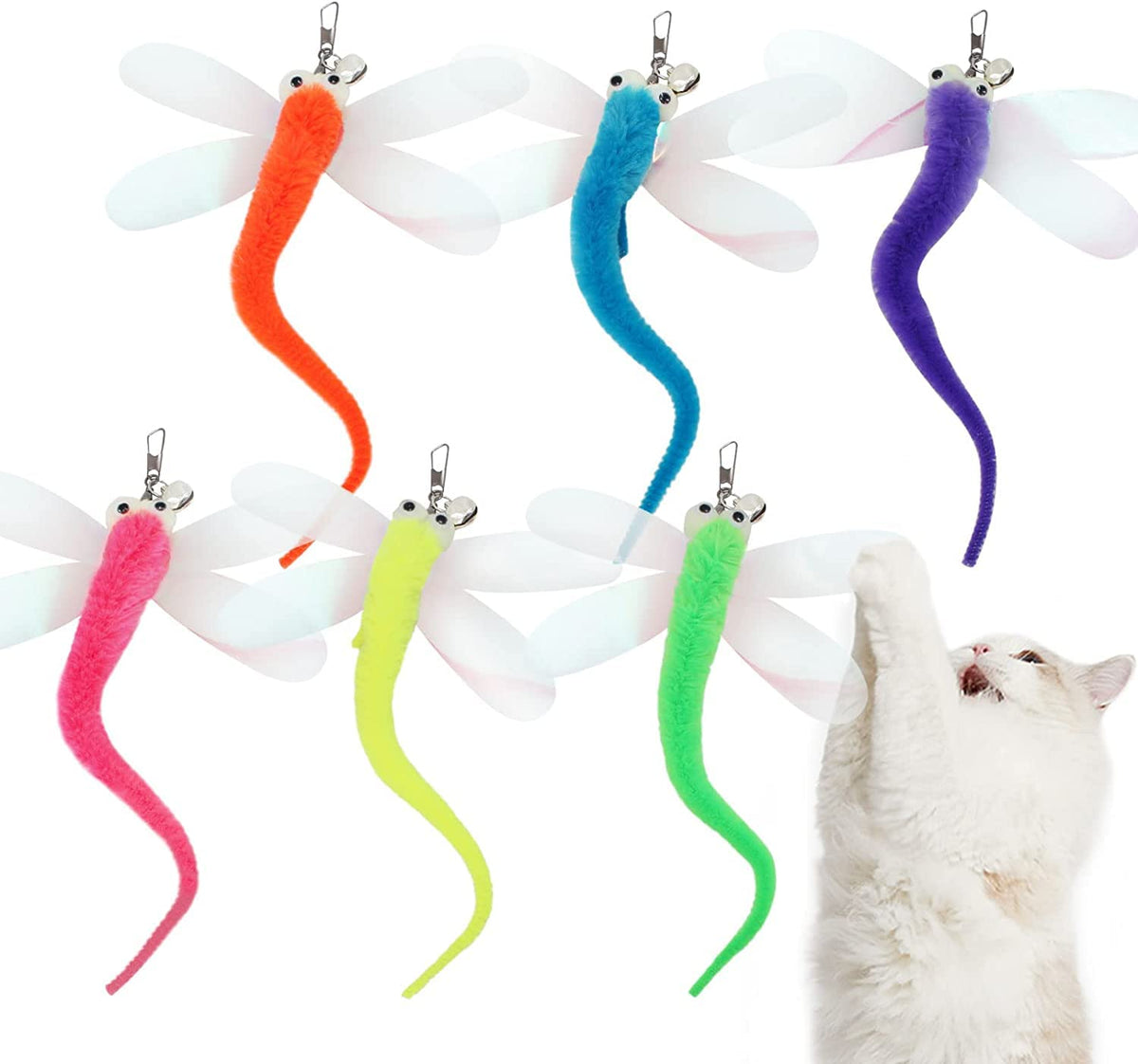 Hokoad Cat Big Eye Dragonfly Toys Replacement Cat Toy Wand Refills, 6 Pieces Big Eye Dragonfly Cat Toy Feathers Refill, Interact