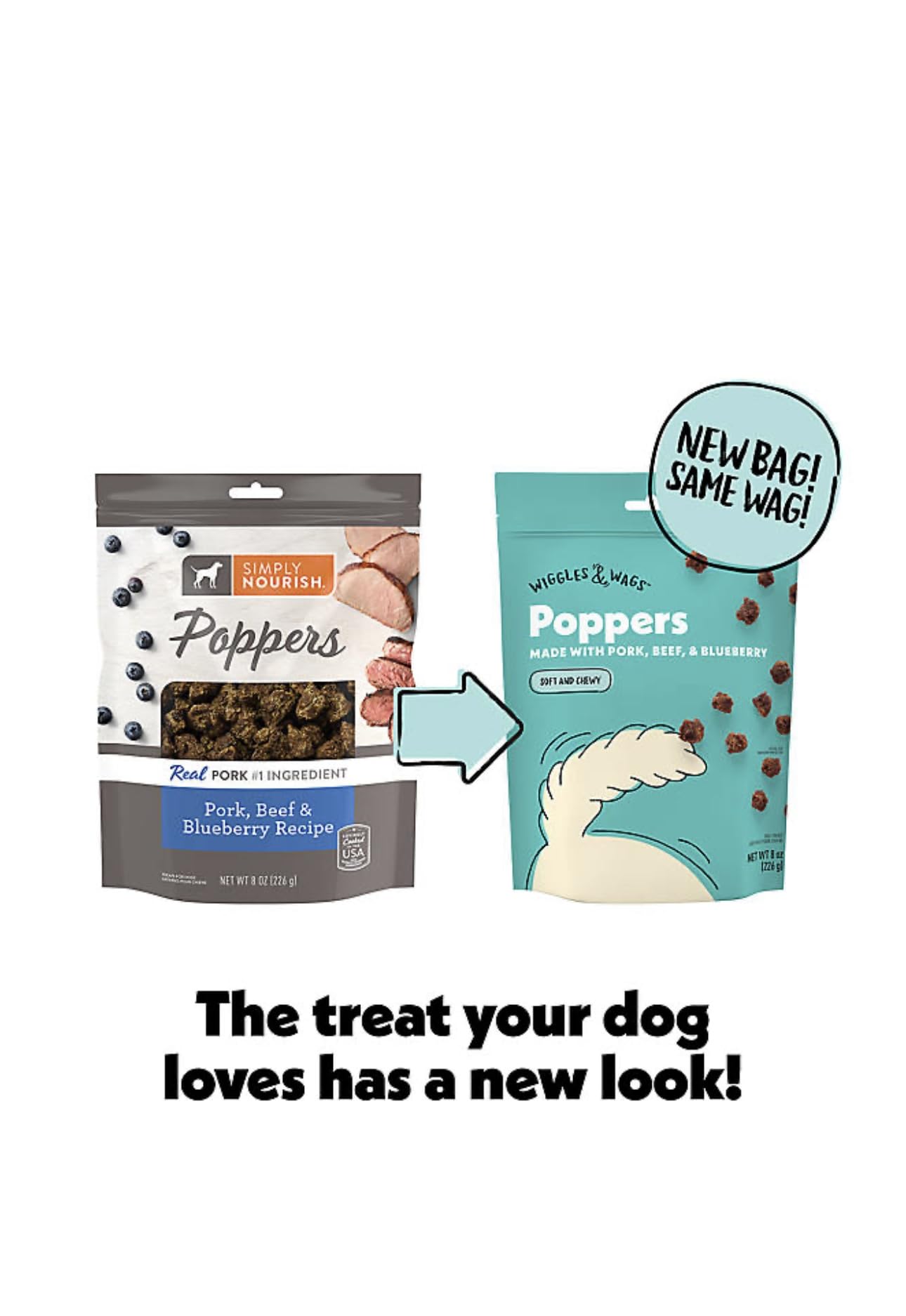 Wiggles & Wags Poppers Soft and Chewy Dog Treats, Pork, Beef & Blueberry, 8 OZ