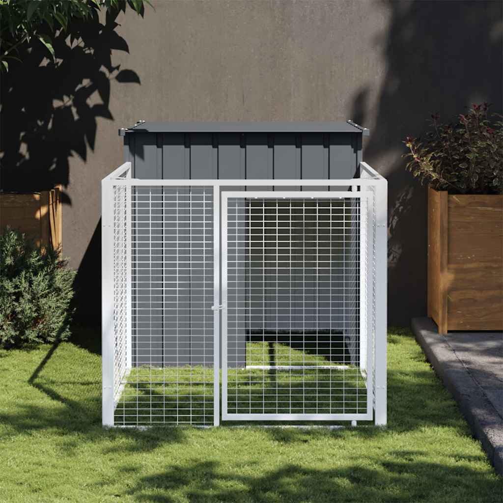 vidaXL - Dog House with Extended Run in Anthracite Color, Sturdy Galvanized Steel Construction, Ample Space, Mesh Design for Ven