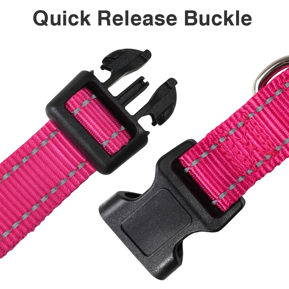Taglory Reflective Adjustable Dog Collars For Puppy Small Medium Large Dogs, Thin Nylon Webbing And Quick Release Plastic Buckle(Hot Pink Medium)