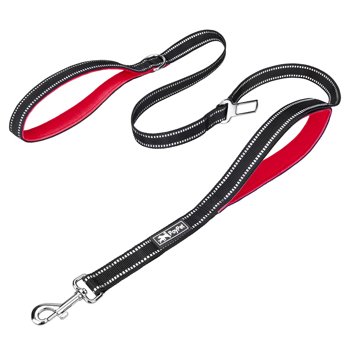 Poypet 5 Feet Reflective Dog Leash Tether + Car Seat Belt+ Dual Padded Grip Handles (Red)