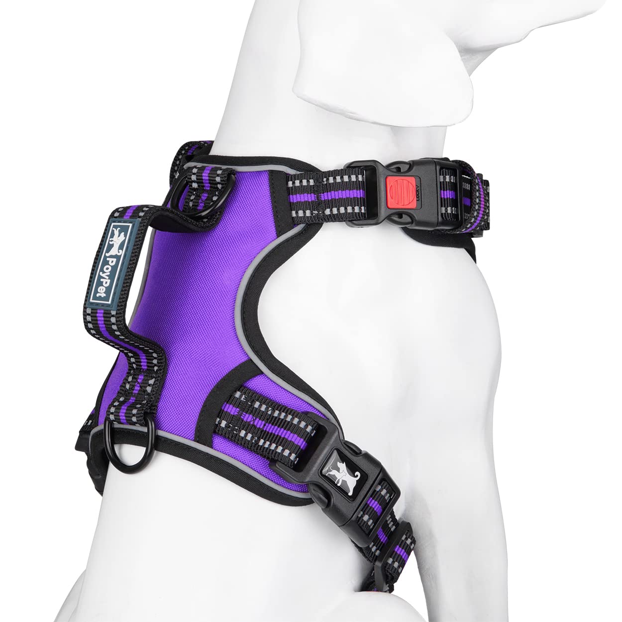 Poypet No Pull Dog Harness, No Choke Front Clip Reflective Dog Vest With Soft Padded Vertical Handle, 3 Leash Attachments For Small Medium Large Dogs (Purple,L)