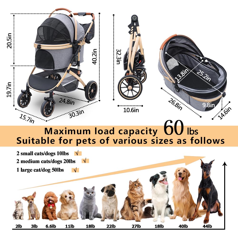 Pettingzoo Dog Stroller With 4 Wheels, Folding Cat Stroller For Small/Medium/Large Dogs & Cats To 60 Lbs, Pet Stroller With Remo