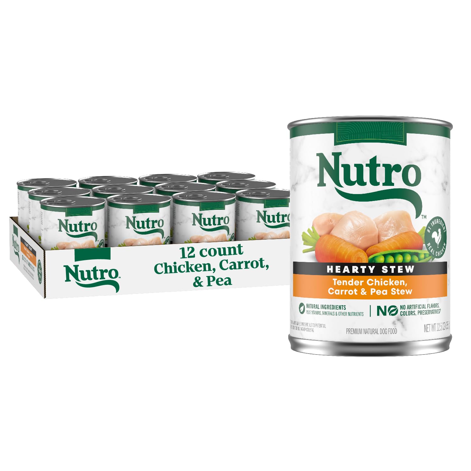 Nutro Hearty Stew Cuts in Gravy Adult Wet Dog Food Tender Chicken, Carrot & Pea Stew, 12.5 oz Cans (12 Count, Pack of 1)