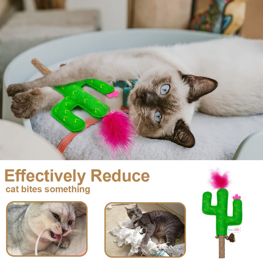 Paz'S Gift Cat Chew Toy Catnip Organic Cat Bite Toy Indoor Interactive Cat Kick Stick For Cats Silvervine With Feather Cat Stick Cute Plush Cactus