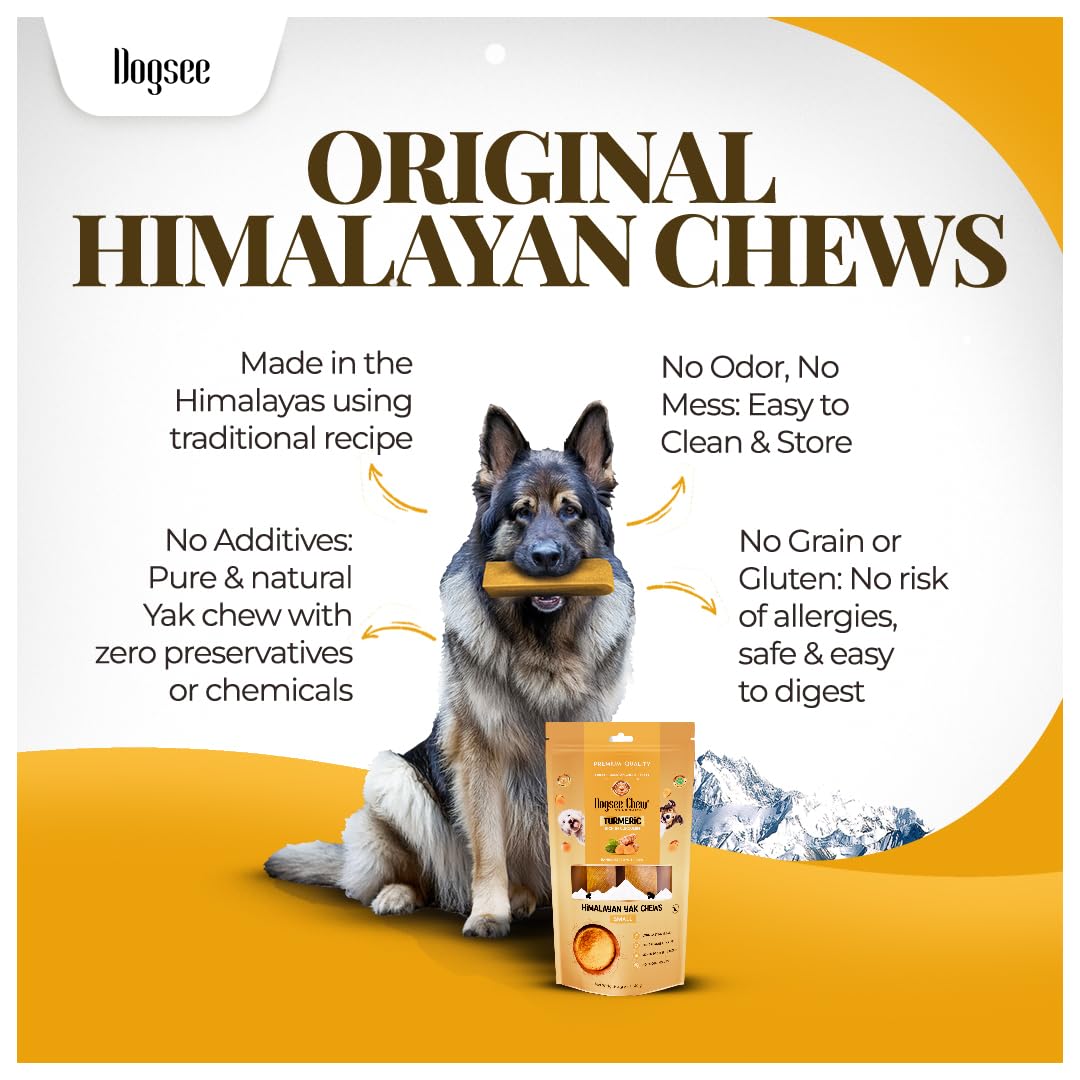 Dogsee Himalayan Yak Chews with Turmeric/Curcumin (XL - 6 Bars, 2lb) | Natural & Long-Lasting | Yak Chews for Large Dogs | Anti-