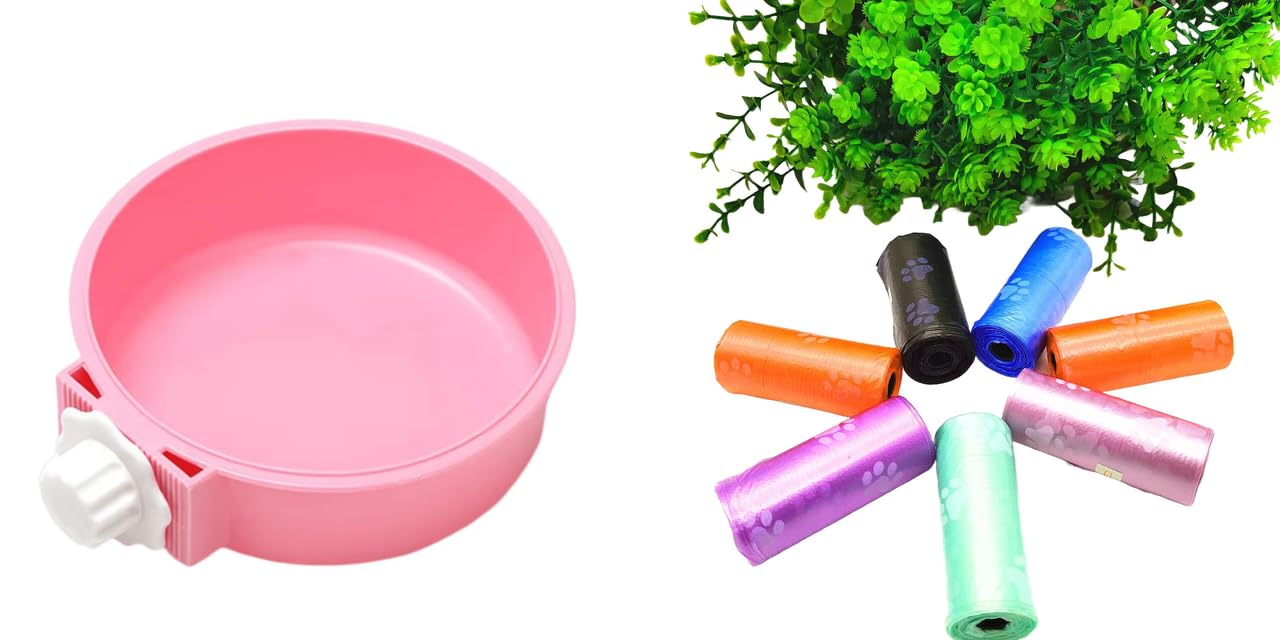 Round Cage Hanging Pet Bowl For Dog And Cat Food With Plastic Lock (Pink) And Pet Waste Trash Bags For Dogs, Puppy, Cats And Oth